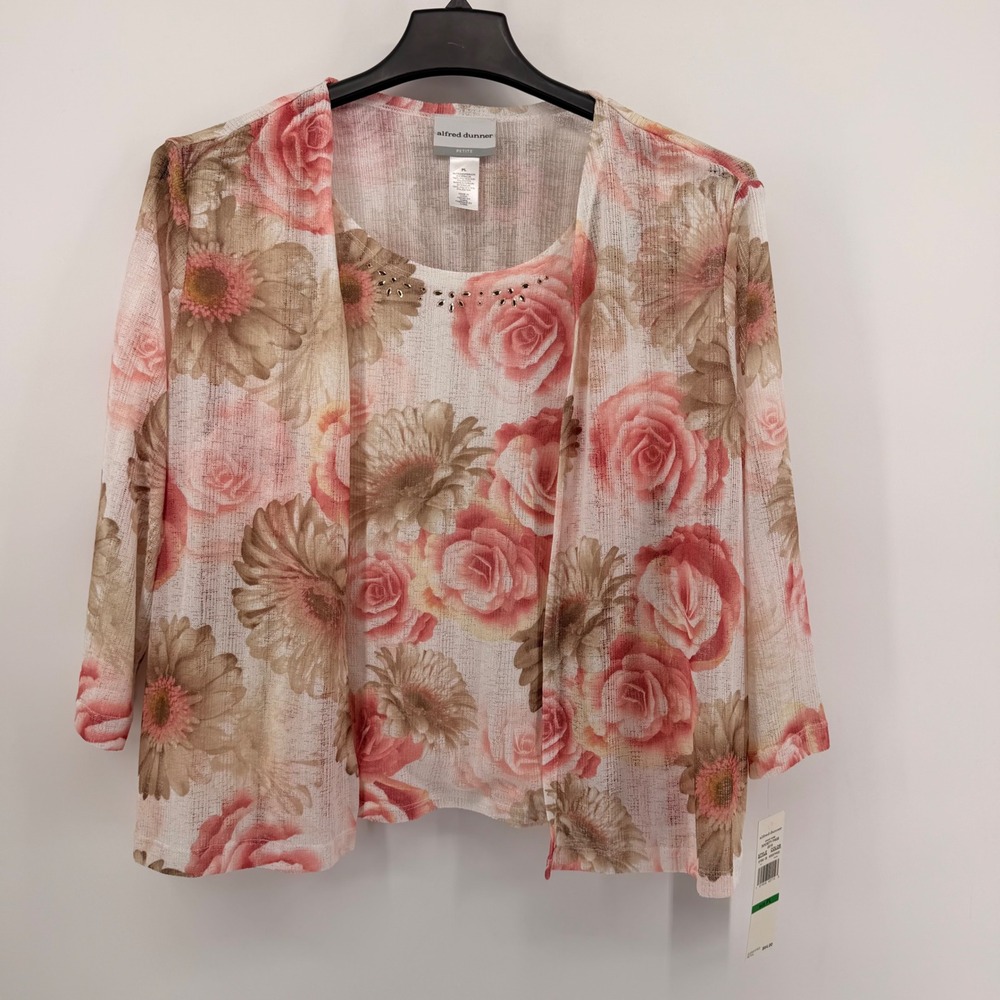 Alfred Dunner Womens Large Pettie Pink Society Page Floral Open Front Cardigan